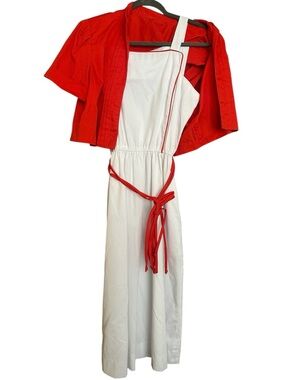 3 Pcs Vtg Polyester Dress Cropped Bolero Jacket W/ Belt Red White Set Sz 12